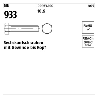 500 Stück, DIN 933 10.9 Sechskantschrauben mit Gewinde bis Kopf - Abmessung: M 6 x 10