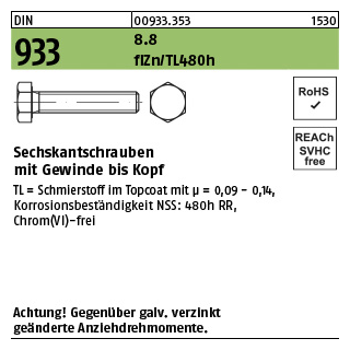 500 Stück, DIN 933 8.8 flZn/TL 480h (zinklamellenbesch.) Sechskantschrauben mit Gewinde bis Kopf - Abmessung: M 6 x 10