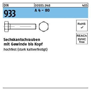 100 Stück, DIN 933 A 4 - 80 Sechskantschrauben mit Gewinde bis Kopf - Abmessung: M 6 x 10