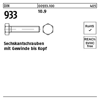 100 Stück, DIN 933 10.9 Sechskantschrauben mit Gewinde bis Kopf - Abmessung: M 6 x 12