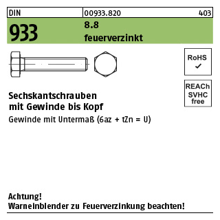 500 Stück, DIN 933 8.8 feuerverzinkt Sechskantschrauben mit Gewinde bis Kopf - Abmessung: M 6 x 12