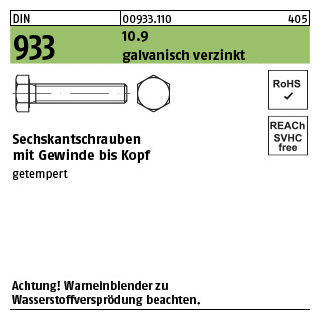 500 Stück, DIN 933 10.9 galvanisch verzinkt Sechskantschrauben mit Gewinde bis Kopf - Abmessung: M 6 x 22