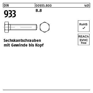 200 Stück, DIN 933 8.8 Sechskantschrauben mit Gewinde bis Kopf - Abmessung: M 10 x 20