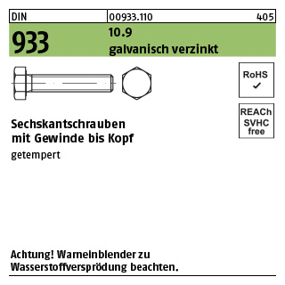 DIN 933 10.9 galvanisch verzinkt Sechskantschrauben mit Gewinde bis Kopf - Abmessung: M 16 x 300, Inhalt: 10 Stück
