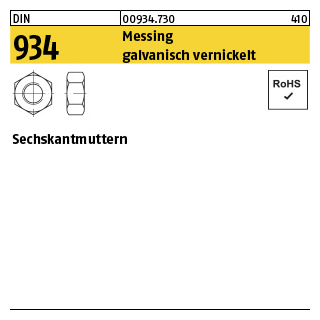 1000 Stück, DIN 934 Messing galvanisch vernickelt Sechskantmuttern - Abmessung: M 2