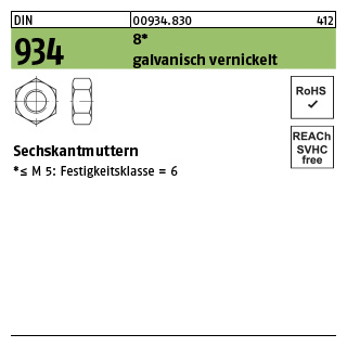 1000 Stück, DIN 934 8 galvanisch vernickelt Sechskantmuttern - Abmessung: M 3