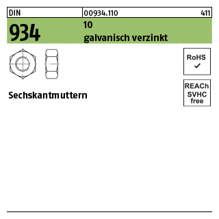 100 Stück, DIN 934 10 galvanisch verzinkt Sechskantmuttern - Abmessung: M 4