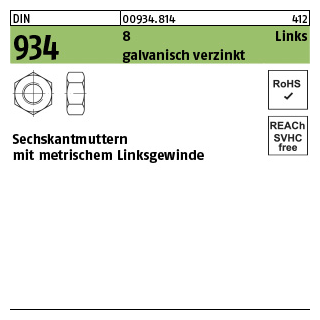 100 Stück, DIN 934 8 Links galvanisch verzinkt Sechskantmuttern mit metrischem Linksgewinde - Abmessung: M 5 -LH