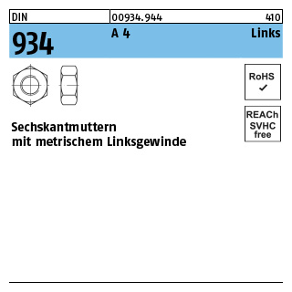 100 Stück, DIN 934 A 4 Links Sechskantmuttern mit metrischem Linksgewinde - Abmessung: M 8 -LH