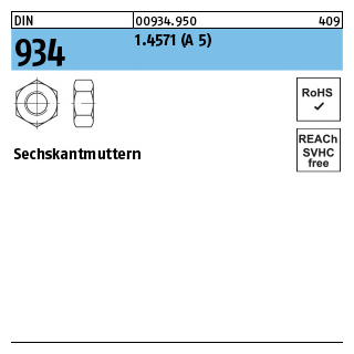 100 Stück, DIN 934 1.4571 (A 5) Sechskantmuttern - Abmessung: M 8