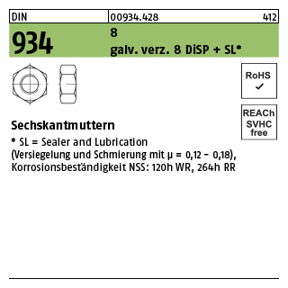 500 Stück, DIN 934 8 galv. verz. 8 DiSP + SL Sechskantmuttern - Abmessung: M 10