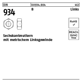 100 Stück, DIN 934 8 Links Sechskantmuttern mit metrischem Linksgewinde - Abmessung: M 10 -LH