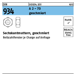 250 Stück, DIN 934 A 2 - 70 geschmiert Sechskantmuttern - Abmessung: M 10