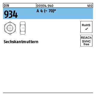 250 Stück, DIN 934 A 4 - 70 Sechskantmuttern - Abmessung: M 10