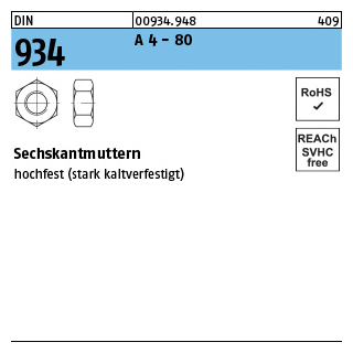 100 Stück, DIN 934 A 4 - 80 Sechskantmuttern - Abmessung: M 10