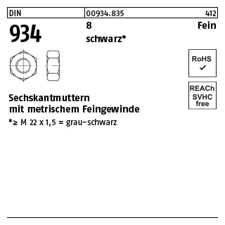 100 Stück, DIN 934 8 Fein schwarz Sechskantmuttern mit metrischem Feingewinde - Abmessung: M 12 x 1