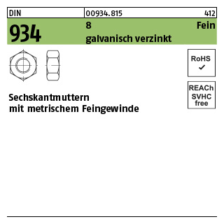 250 Stück, DIN 934 8 Fein galvanisch verzinkt Sechskantmuttern mit metrischem Feingewinde - Abmessung: M 14 x 1,5