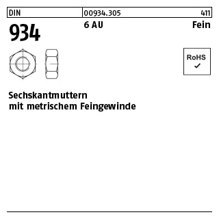 50 Stück, DIN 934 6 AU Fein Sechskantmuttern mit metrischem Feingewinde - Abmessung: M 20 x 2