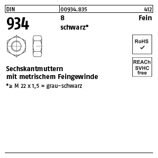 1 Stück, DIN 934 8 Fein schwarz Sechskantmuttern mit metrischem Feingewinde - Abmessung: M 80 x 6