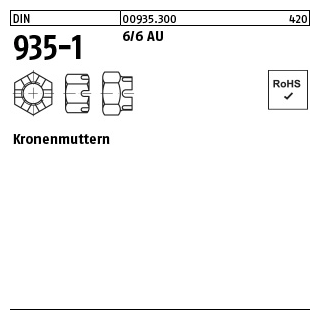 500 Stück, DIN 935-1 6/6 AU Kronenmuttern - Abmessung: M 6