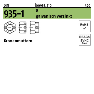 100 Stück, DIN 935-1 8 galvanisch verzinkt Kronenmuttern - Abmessung: M 10 SW 17