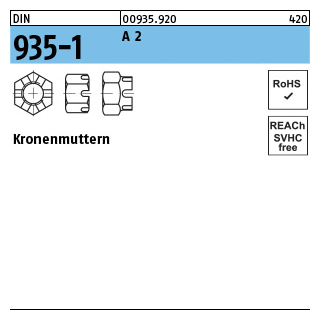 25 Stück, DIN 935-1 A 2 Kronenmuttern - Abmessung: M 10 SW 17