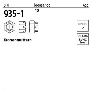 100 Stück, DIN 935-1 10 Kronenmuttern - Abmessung: M 12 SW 19