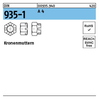 25 Stück, DIN 935-1 A 4 Kronenmuttern - Abmessung: M 12 SW 19
