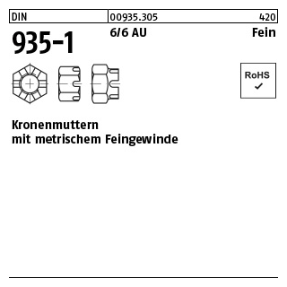 1 Stück, DIN 935-1 6 Fein Kronenmuttern mit metrischem Feingewinde - Abmessung: M 36 x 3