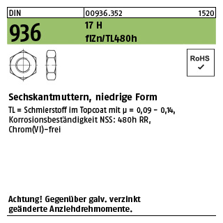 1000 Stück, DIN 936 17 H flZn/TL 480h (zinklamellenbesch.) Sechskantmuttern, niedrige Form - Abmessung: M 8