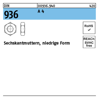 100 Stück, DIN 936 A 4 Sechskantmuttern, niedrige Form - Abmessung: M 8