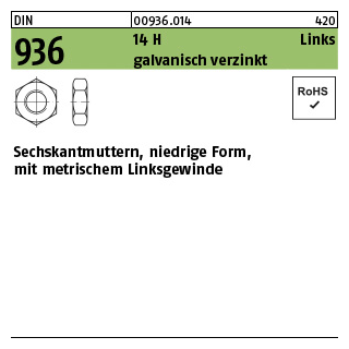 100 Stück, DIN 936 14 H Links galvanisch verzinkt Sechskantmuttern, niedrige Form mit metrischem Linksgewinde - Abmessung: M 10 -LH