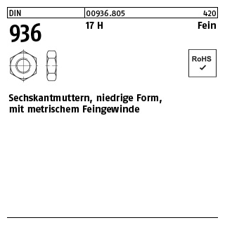 100 Stück, DIN 936 17 H Fein Sechskantmuttern, niedrige Form mit metrischem Feingewinde - Abmessung: M 10 x 1