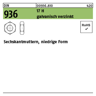 100 Stück, DIN 936 17 H galvanisch verzinkt Sechskantmuttern, niedrige Form - Abmessung: M 10