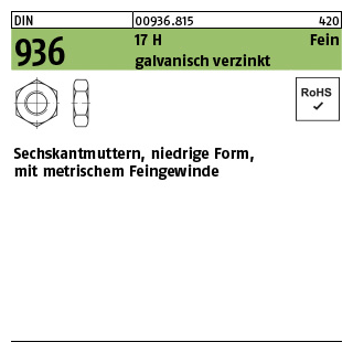 100 Stück, DIN 936 17 H Fein galvanisch verzinkt Sechskantmuttern, niedrige Form mit metrischem Feingewinde - Abmessung: M 10 x 1