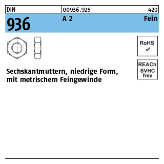 50 Stück, DIN 936 A 2 Fein Sechskantmuttern, niedrige Form mit metrischem Feingewinde - Abmessung: M 10 x 1