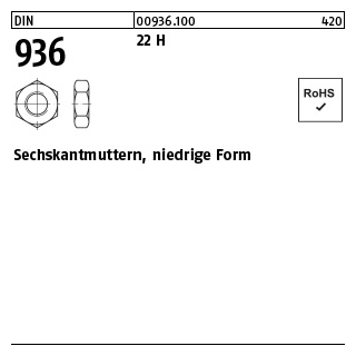 100 Stück, DIN 936 22 H Sechskantmuttern, niedrige Form - Abmessung: M 12