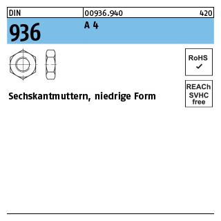 50 Stück, DIN 936 A 4 Sechskantmuttern, niedrige Form - Abmessung: M 12
