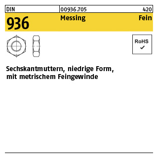 50 Stück, DIN 936 Messing Fein Sechskantmuttern, niedrige Form mit metrischem Feingewinde - Abmessung: M 14 x 1,5