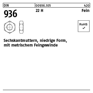 50 Stück, DIN 936 22 H Fein Sechskantmuttern, niedrige Form mit metrischem Feingewinde - Abmessung: M 22 x 1,5