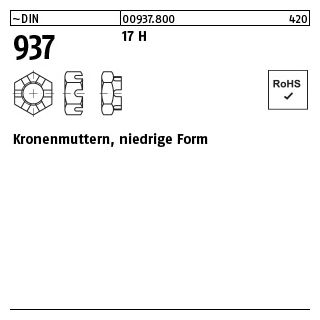 100 Stück, ~DIN 937 17 H Kronenmuttern, niedrige Form - Abmessung: M 6