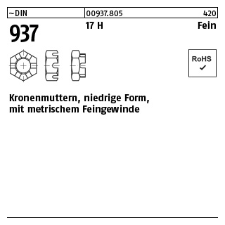 100 Stück, ~DIN 937 17 H Fein Kronenmuttern, niedrige Form mit metrischem Feingewinde - Abmessung: M 10 x 1