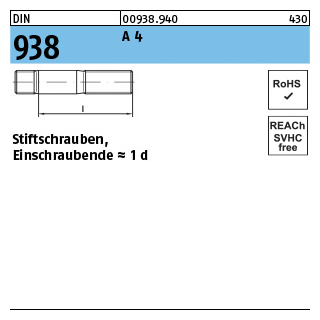 25 Stück, DIN 938 A 4 Stiftschrauben, Einschraubende = 1 d - Abmessung: M 6 x 20