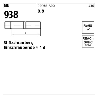 50 Stück, DIN 938 8.8 Stiftschrauben, Einschraubende = 1 d - Abmessung: M 8 x 20