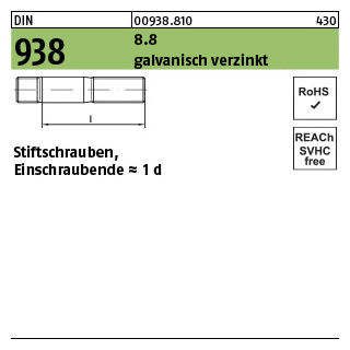 50 Stück, DIN 938 8.8 galvanisch verzinkt Stiftschrauben, Einschraubende = 1 d - Abmessung: M 8 x 20