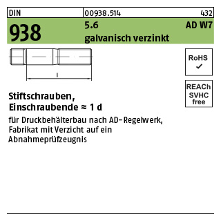 100 Stück, DIN 938 5.6 AD W7 galvanisch verzinkt Stiftschrauben, Einschraubende = 1 d - Abmessung: M 10 x 20