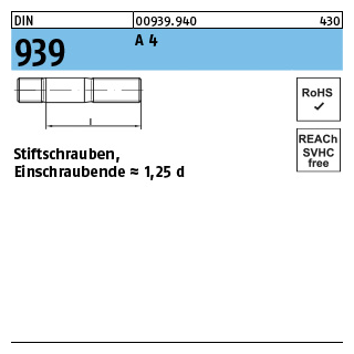 25 Stück, DIN 939 A 4 Stiftschrauben, Einschraubende = 1,25 d - Abmessung: M 6 x 20