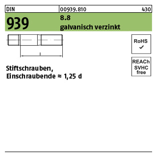 50 Stück, DIN 939 8.8 galvanisch verzinkt Stiftschrauben, Einschraubende = 1,25 d - Abmessung: M 8 x 50