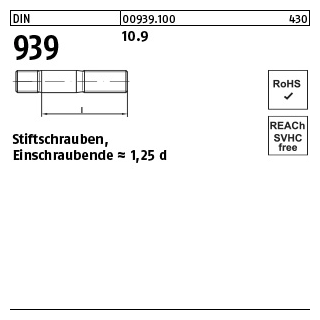 25 Stück, DIN 939 10.9 Stiftschrauben, Einschraubende = 1,25 d - Abmessung: M 10 x 100