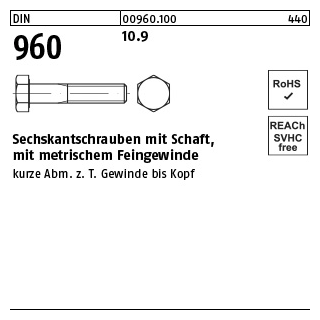 50 Stück, DIN 960 10.9 Sechskantschrauben mit Schaft, mit metrischem Feingewinde - Abmessung: M 12 x1,25x 70